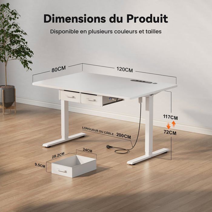 HLONONE Bureau Électrique Debout et Assis, 120 x 80 cm, avec Prise de Courant Intégrée, 2 Tiroirs Amovibles, Port USB-C, Blanc