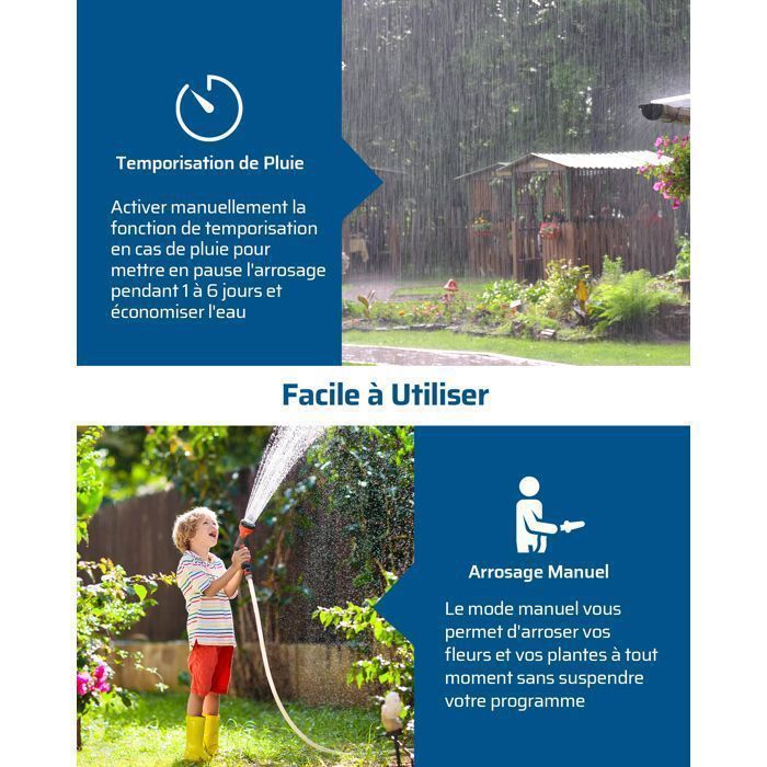 Controlador de riego exterior de 4 vías DEWENWILS - 4 programas por zona - Temporizador de riego automático para jardín - Resistente al agua