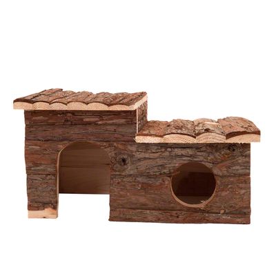 Casetta in legno con terrazza sul tetto, ideale per animali di piccola taglia.