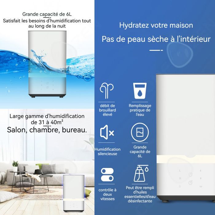 Humidificador de aire C 220v, depósito de agua de 6L, 2 velocidades, 6 LED, USB, doble toque, protección contra quemaduras en seco, difusor de aceites.