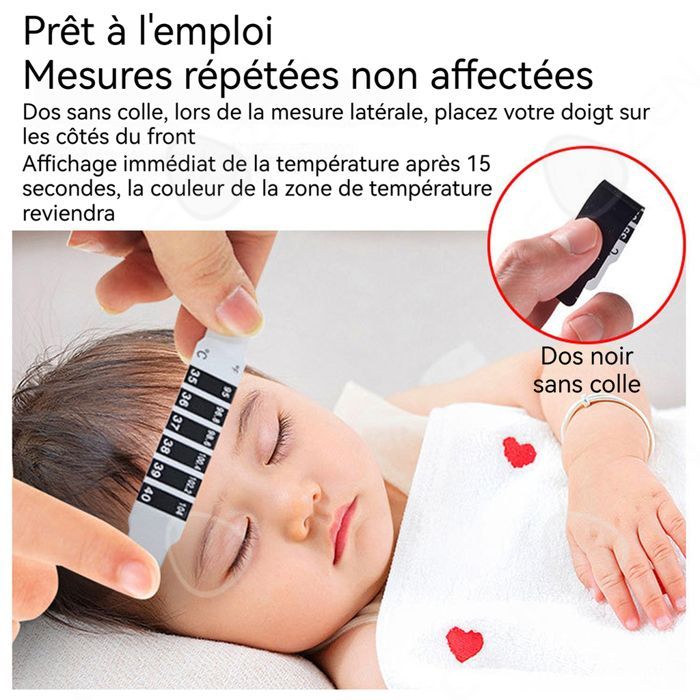 Pegatinas termométricas para la frente, 9 x 1,2 cm, 20 unidades. Pegatinas para medir la temperatura en adultos y niños. Uso repetido.