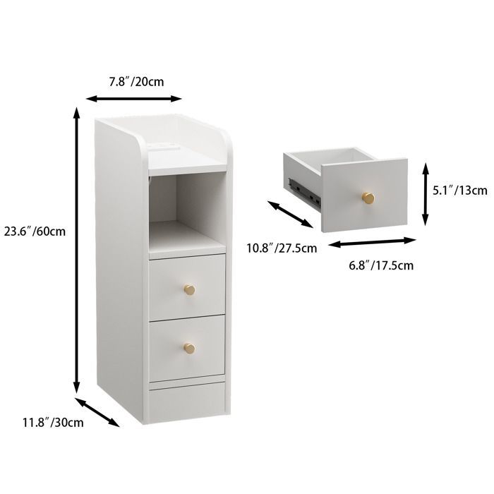 Table de Chevet Étroite 2 Tiroirs 4 Niveaux avec Prise Recharge 1AC/2USB et Lampe LED - Rangement pour Chambre 30x20x60 cm - Blanc