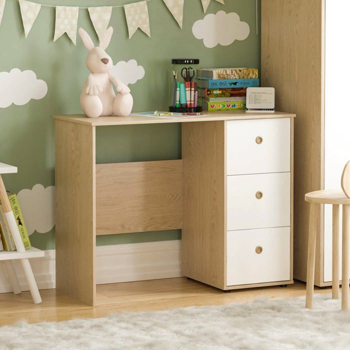 Bureau 3 tiroirs Neptune Blanc & Chêne Table d’ordinateur / Coiffeuse PC/Portable Bureau d’étude à domicile Meuble pour enfants