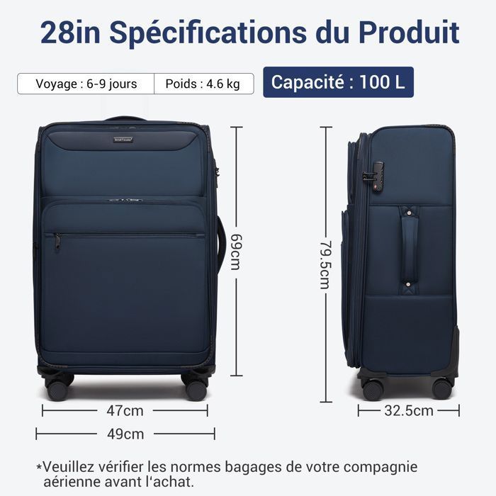 British Traveller Valise Soute Grande Taille 79.5x49.5x32.5cm Extensible Bagage à Main Léger avec Serrure TSA et 4 Roues, Marine