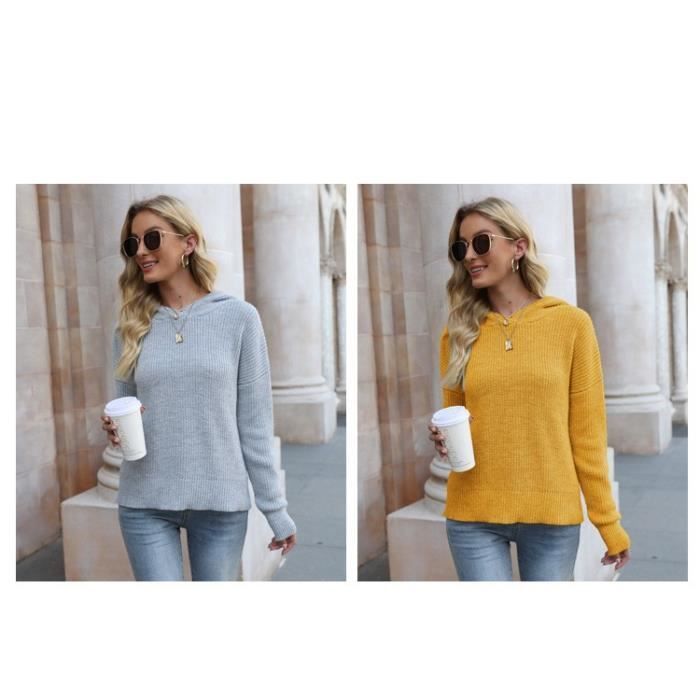 Pull Femme INSFITY - Tricoté - Couleur Unie Gris - Col Capuche - Automne/Hiver