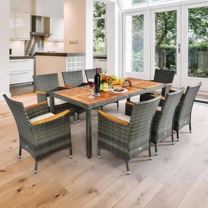 COSTWAY Salon de Jardin avec 1 Table et 8 Chaises en Bois et Rotin Anti-UV, Pieds Réglables et Coussins Imperméables Inclus, Gris