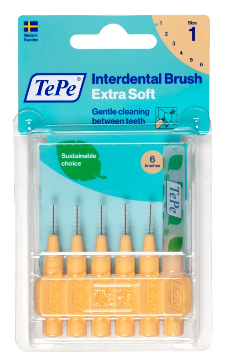 Cepillo interdental Tepe extra suave de color naranja, tamaño ISO 1, para la limpieza entre dientes.