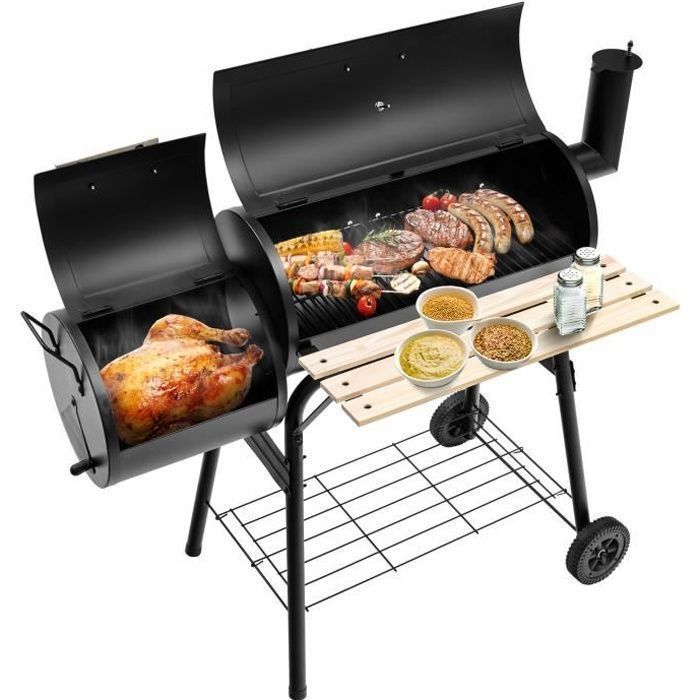 COSTWAY Barbecue à Charbon de Bois-Fumoir Déporté,Couvercle-2 Roues-Caisse de Feu-Table Latérale-Thermomètre, Grille,115x65x108cm
