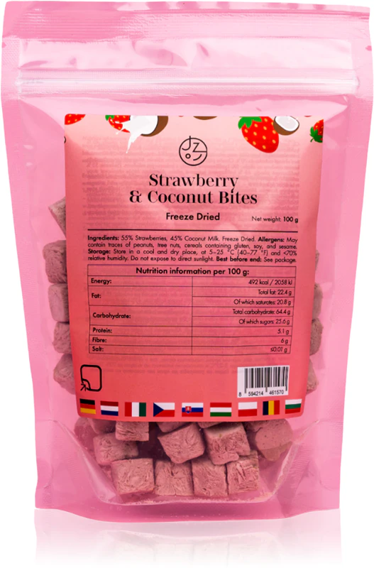 Vamos comer algo saudável! Chips de morango liofilizado com leite de coco (100 g de fruta liofilizada)