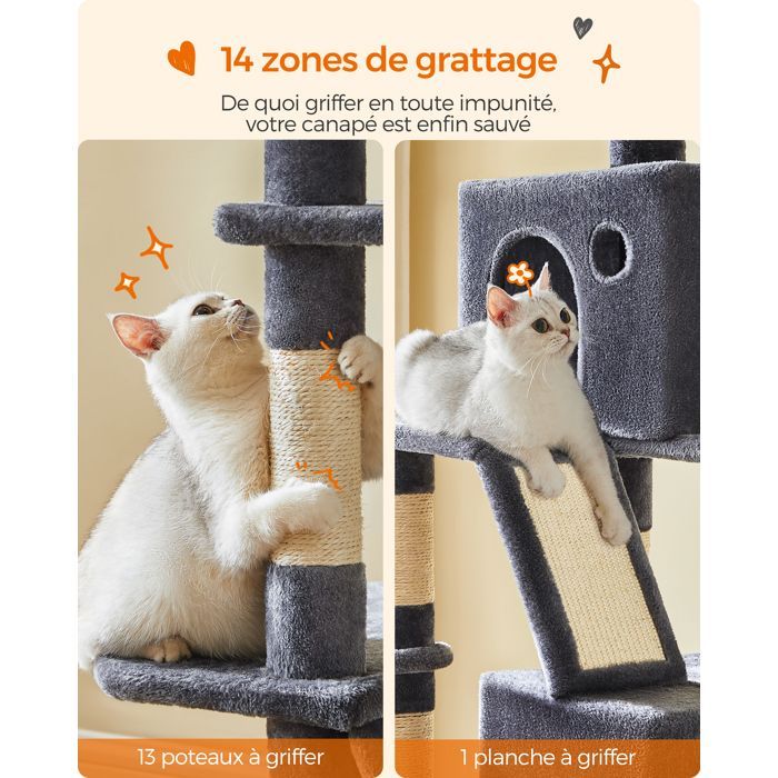 Cat Tree, 203.5 cm High, with 13 Scratching Posts, 2 Platforms, 2 Caves, Multi-Level Indoor Cat Tree, Anthracite Grey