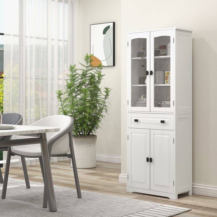 Aparador de cozinha - HOMCOM - armário alto com 4 portas (2 portas de vidro), 1 gaveta, prateleiras ajustáveis - madeira - altura 160 cm - branco