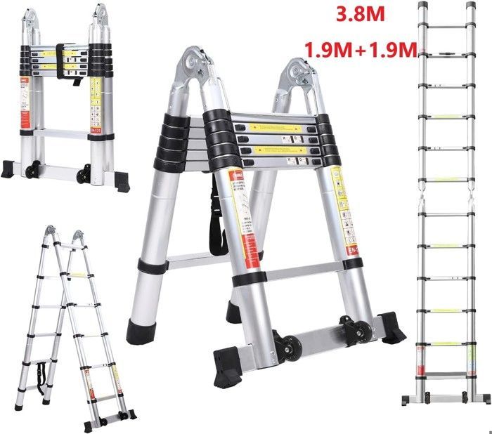 Escalera plegable telescópica multifuncional de aluminio de 3,8 m (1,9 m + 1,9 m), carga máxima de 150 kg.