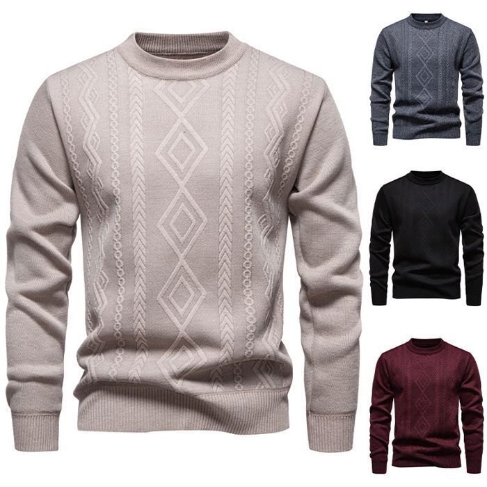 Men's Warm Knitted Fleece-Lined Crew Neck Casual Pullover Jacquard Regular Fit Solid Color for Autumn Winter - Black