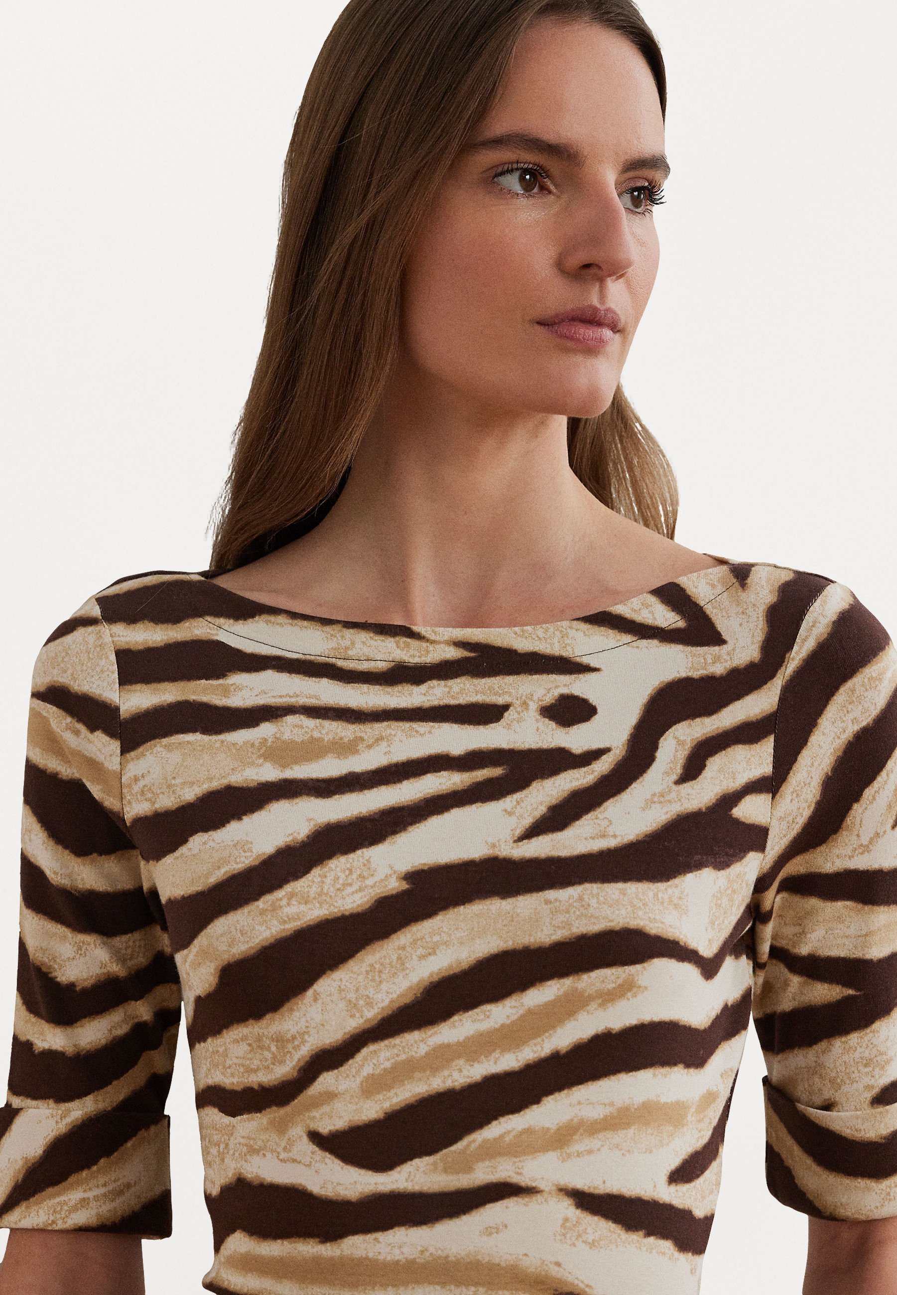 Lauren Ralph Lauren T-shirt met zebraprint van stretchkatoen met boothals - T-shirt met print - crème/bruin