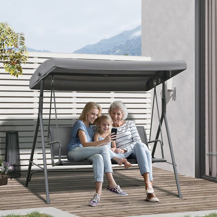 Altalena da giardino Outsunny - 3 posti - tettuccio inclinabile regolabile - sedile e schienale ergonomici - acciaio e textilene - grigio
