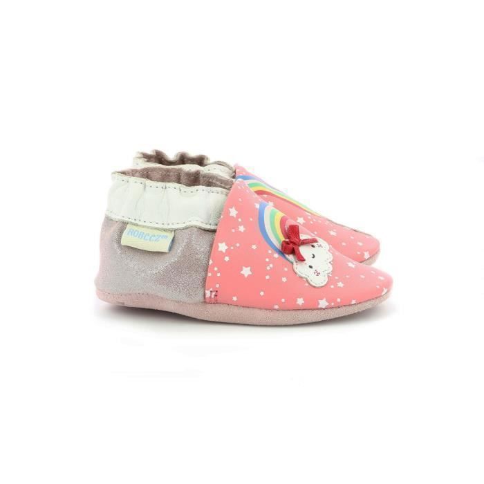 Sapatinhos de bebê para menina - ROBEEZ - Cor Arco-Íris - Couro - Rosa - Sem fecho