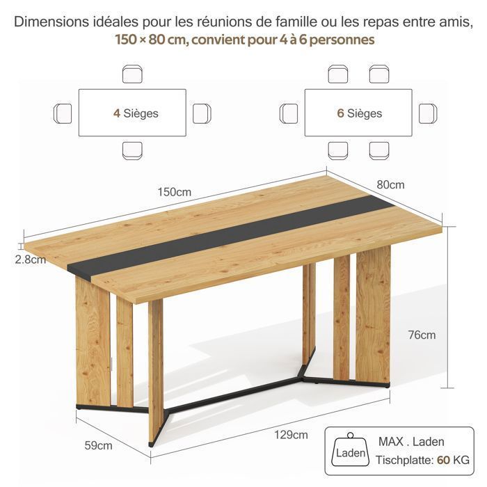 Mesa de jantar - Estilo escandinavo - 150 cm - Resistente à água - MDF e metal
