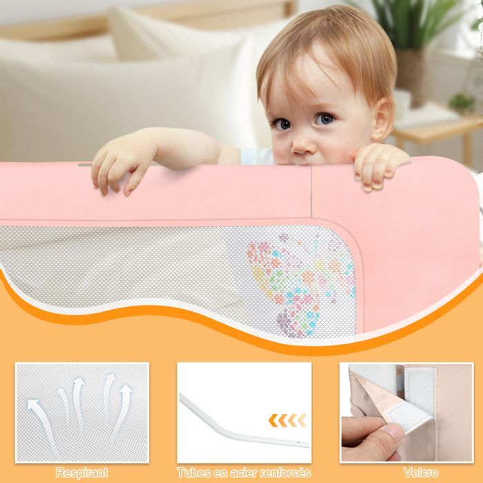 MIPAN. Barrière de Lit Bébé - Barrière de Sécurité - Adre Métallique Anti-Chute -  Tissu Respirant -150 * 66 - 80cm - Rose