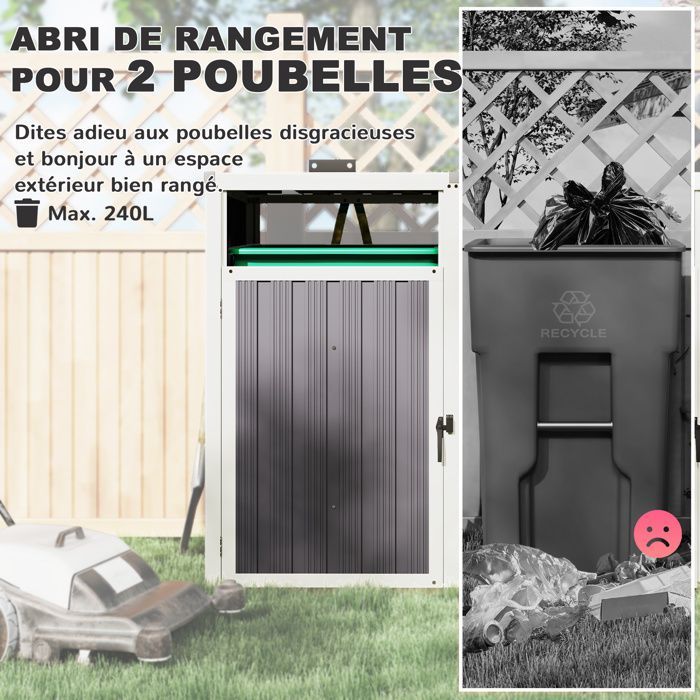 Refugio para 2 contenedores - Outsunny - 240 L - Tapas abatibles de 180° - Acero galvanizado - 146 x 81 x 122 cm - Gris oscuro