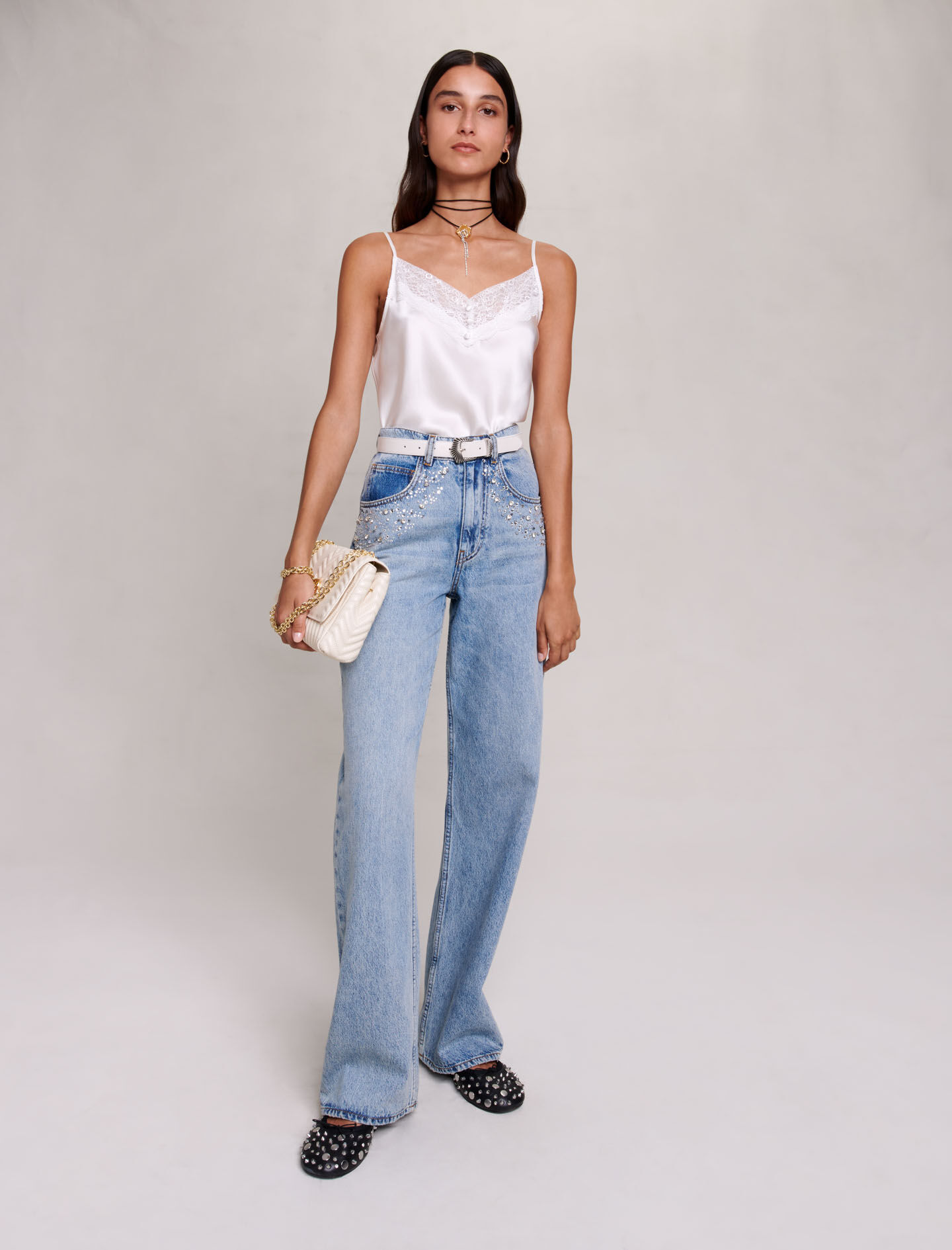 Rechte jeans met strasssteentjes - Blauw