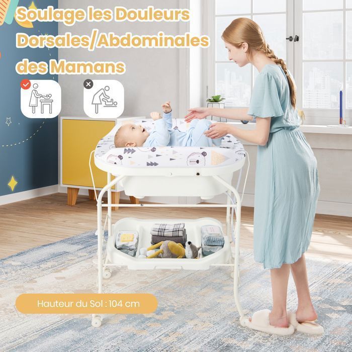 Cambiador plegable 4 en 1 para bebés COSTWAY con bañera (20 L) - 4 ruedas, manguera de 1 m, bandeja de almacenamiento, cojín de PVC impermeable - Capacidad de 35 kg - Blanco