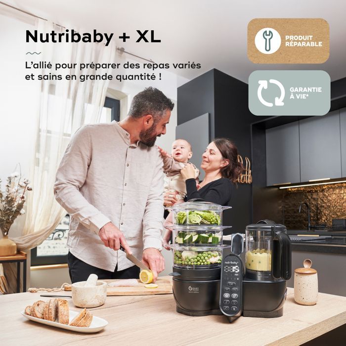 Babymoov Nutribaby(+) XL Babyvoedingmaker - Grote inhoud van 2,9 liter - Tot 14 maaltijden in 1 cyclus - 6-in-1 - 2 stoommandjes, zwart