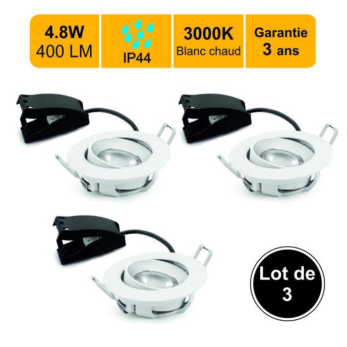Set di 3 faretti LED da incasso IP44, orientabili a 30° - per bagno - 4,8 W 400 lm 3000 K - 3 anni di garanzia