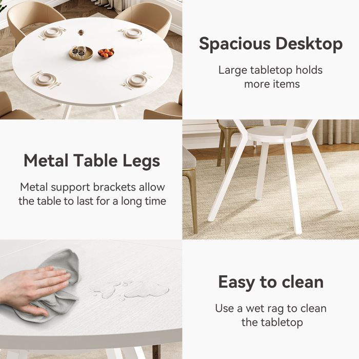 Tavolo da pranzo rotondo, Little Tree, 120×120×75 cm, tavolo da cucina con piano effetto MDF e gambe in metallo, bianco