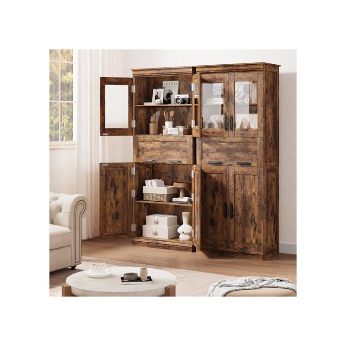 Mueble de baño, 170 cm de altura, con estantes ajustables, 4 puertas, 1 cajón y compartimento, color marrón.