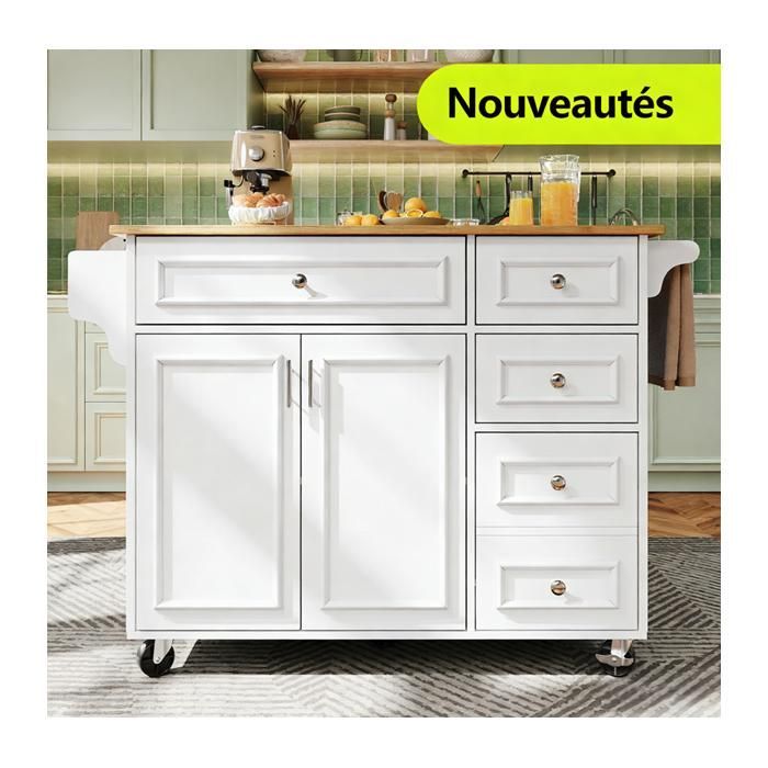 Isla de cocina - GENÉRICA - Aparador rodante extensible - 3 estantes ajustables - Cajones y estantes laterales - MDF/Metal 60 kg