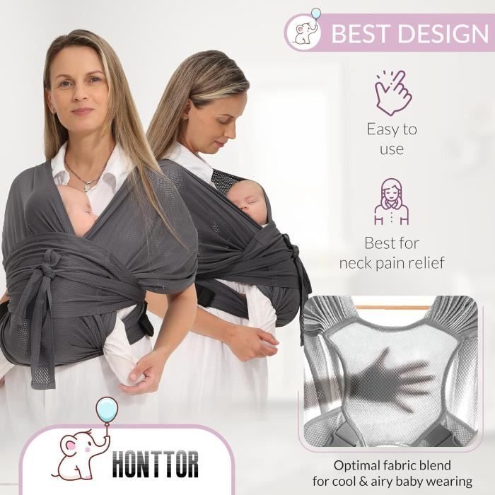 Portabebés tipo fular - portabebés ligero estilo canguro con arnés de pecho para mamá y papá - desde recién nacido hasta 20 kg, Gris 1