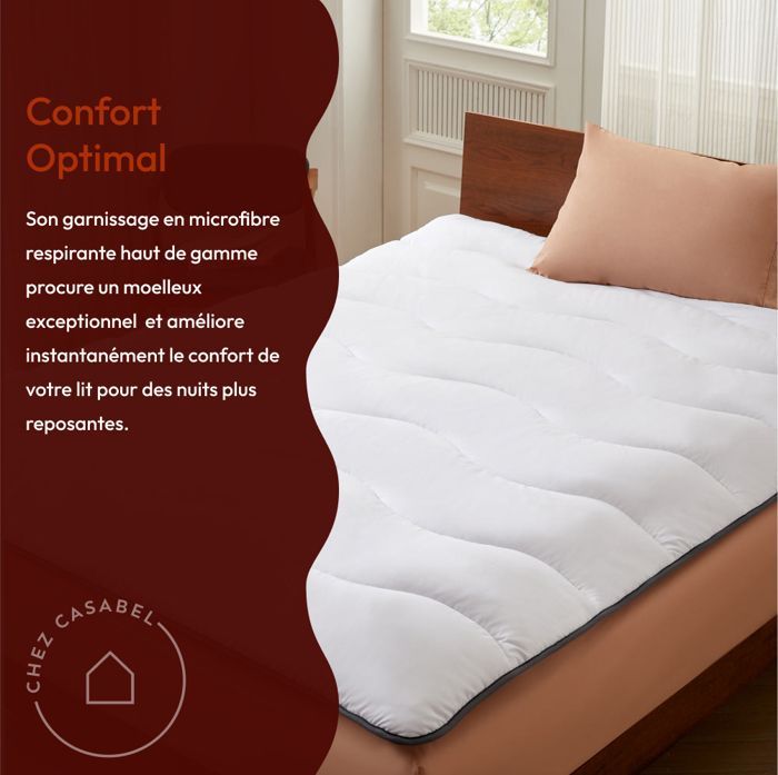 CASABEL Surmatelas Enveloppant 120 x 195 cm en Microfibre Respirante avec Liseré Gris – Ultra Moelleux, Anti-Acariens – 2 Places
