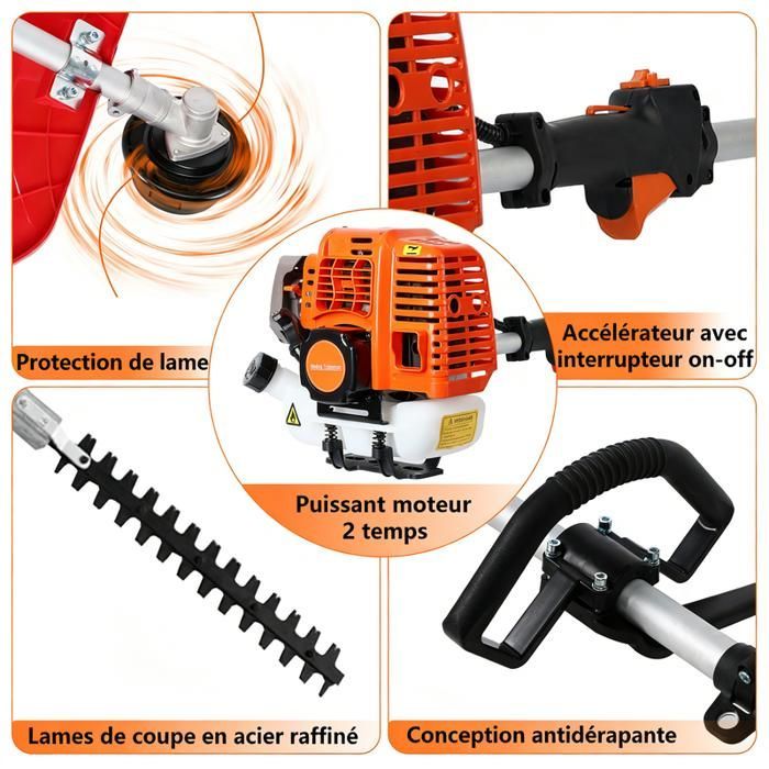Coupe-bordures Thermique 52cc - FIANAO - Multifonction - Lame 3 Dents - Tête Nylon - Extension 134cm - Moteur 2 Temps