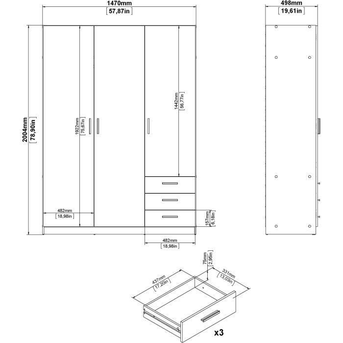 Armoire VEGA - Décor Blanc mat - 3 portes + 3 tiroirs - L 147 x P 49,6 x H 200,4 cm