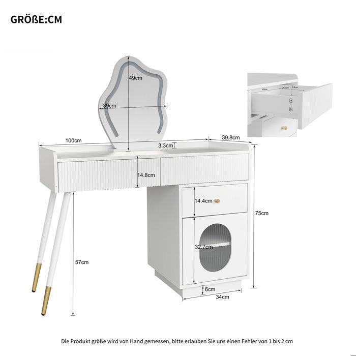 Toeletta con specchio a LED - LEMONBEST - 100 x 40 x 75 cm - 3 cassetti - LED touch-sensitive (3 faretti) - Bianco