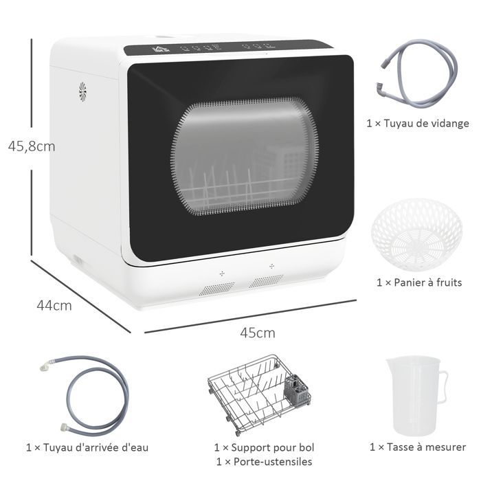 Mini lavastoviglie - HOMCOM - 4 coperti, 5 programmi, serbatoio acqua 6 litri - comandi touch - display LED - bianca