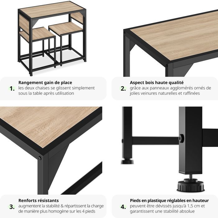 Mesa de comedor con sillas - TECTAKE - MILTON, conjunto de comedor de 2 plazas estilo industrial vintage - Madera clara