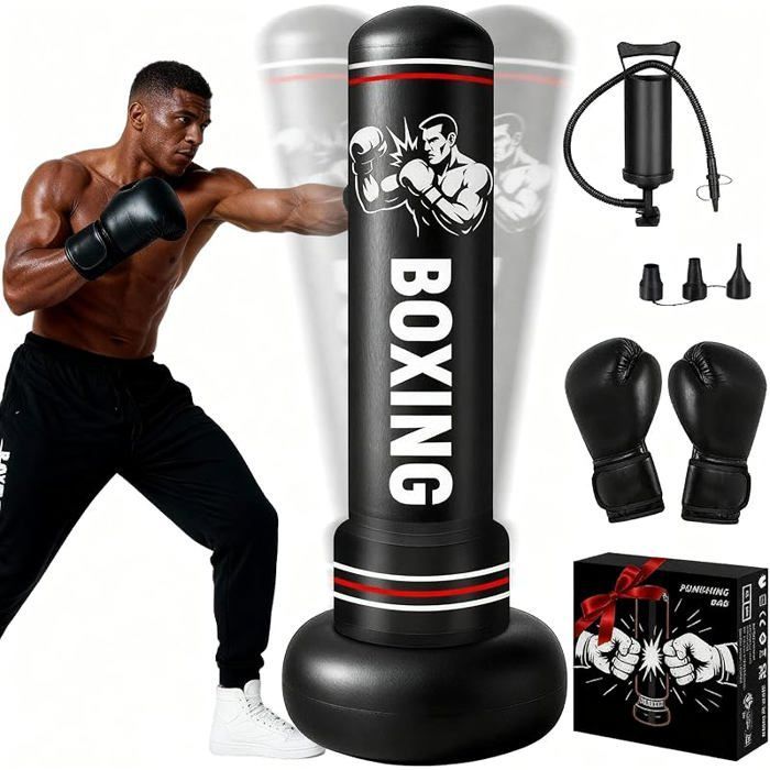 Sacco da boxe gonfiabile autoportante per adulti, completo di guantoni e pompa ad aria, 190 cm, ideale per l'allenamento.