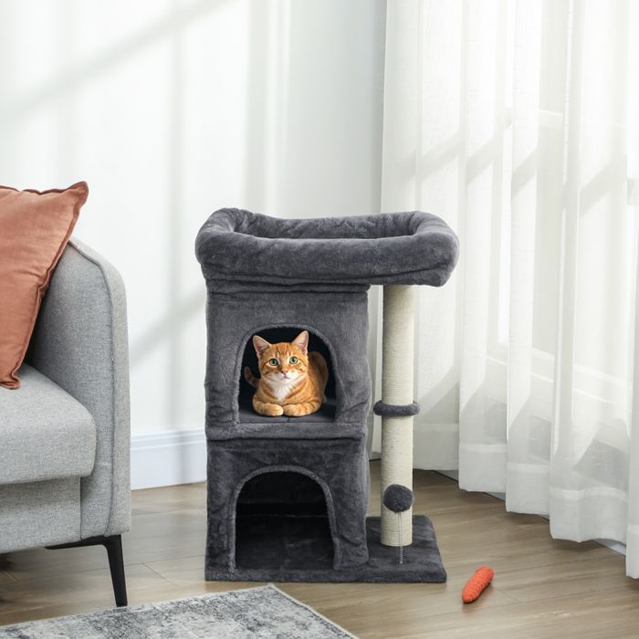 Cat tree - PawHut - large platform, 2 hideaways and plush ball, sisal scratching posts - 45 x 40 x 66 cm - dark grey