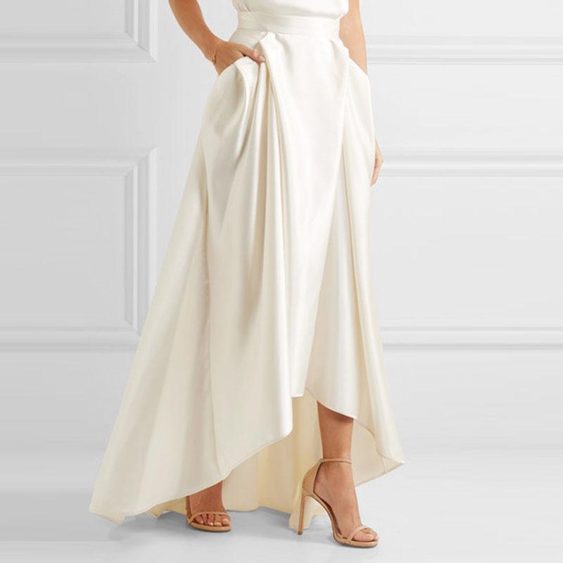 Gonna lunga da sposa in raso beige di alta qualità, modello asimmetrico con pieghe, gonna da festa da donna con tasca e strascico, gonna da sposa su misura