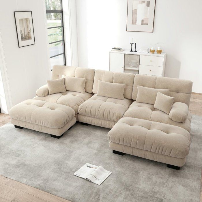 Modular corner sofa - LANGTU - Modular U-shaped cloud sofa - Light brown chenille - 3-seater configuration - Matching ottomans