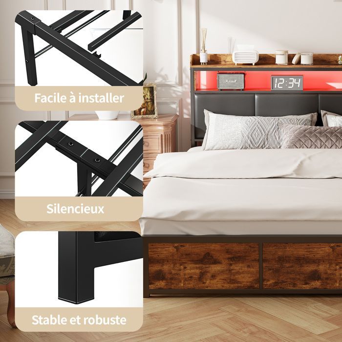Cama doble para adultos de 180x200 cm - Almacenamiento integrado - Cajones - Iluminación LED conectada - Estilo industrial negro