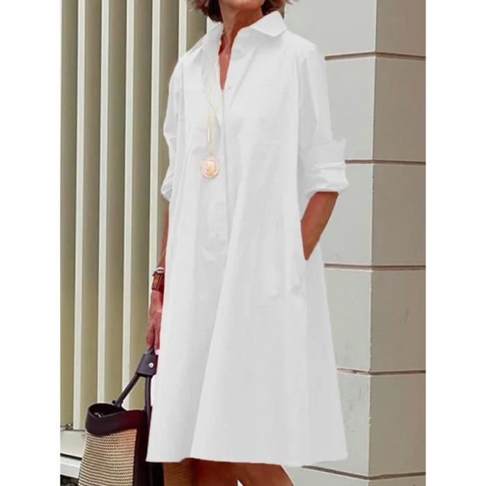 Vestido camisero sencillo e informal de color liso para mujer, con mangas largas, cuello vuelto, bolsillo elegante, color blanco.