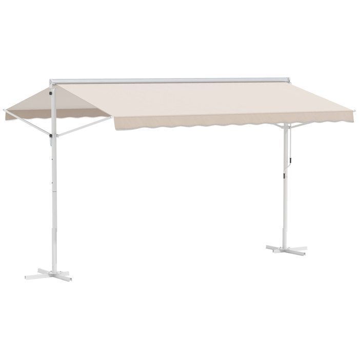 Double Sloped Awning 4 x 3 m Manual Retractable Adjustable Tilt White Epoxy-Coated Metal Waterproof Polyester UV Resistant Beige