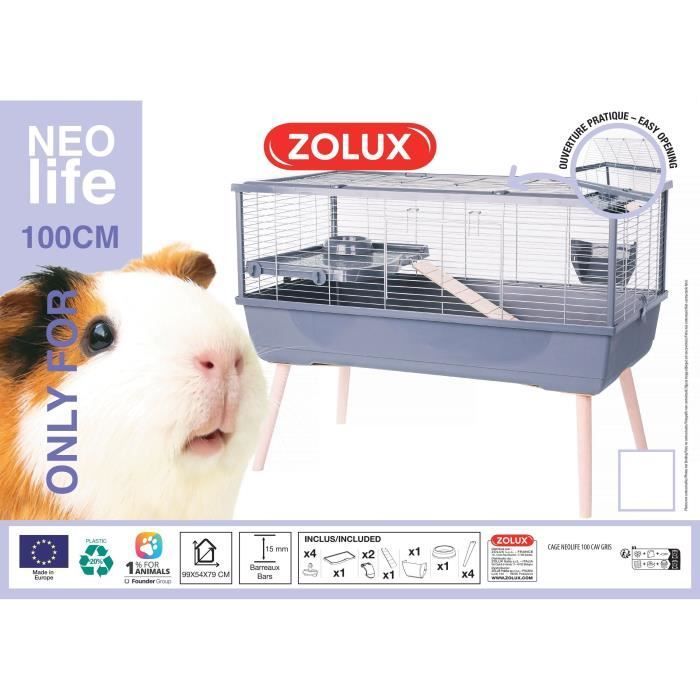 ZOLUX Cage grillagée rongeur surélevée pour cochon d'inde Néolife - 99 x 54 x 79 cm - Gris