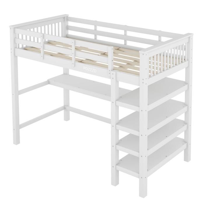Lit mezzanine enfant 90x200cm avec bureau et étagère de rangement en bois massif Blanc