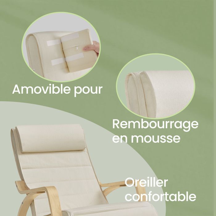 Fauteuil à Bascule avec Repose-Pieds, Réglable sur 5 Niveaux, avec Accoudoirs en Bois, pour Salon, Beige et Naturel