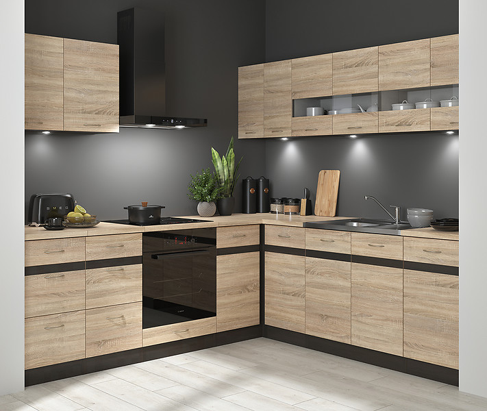 Komplet kuchenny narożny Junona Line 220x240 prawy dąb sonoma z blatem