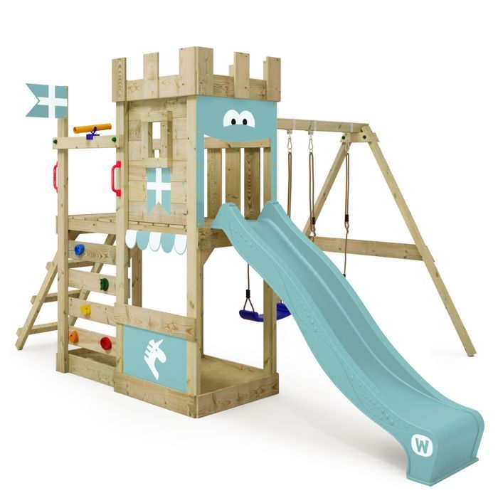 WICKEY RoyalFlyer play tower with pastel blue slide, swing and sandbox – 10-year guarantee*