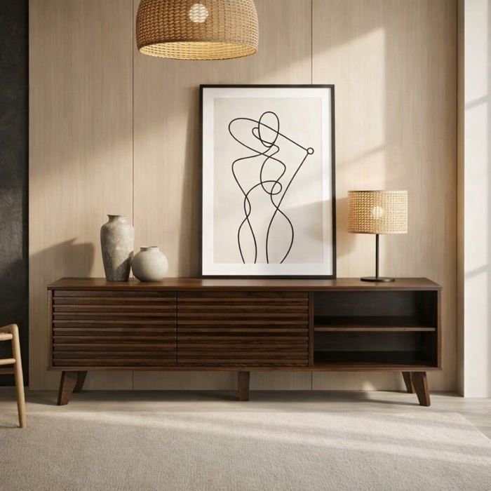 CALICOSY - Meuble TV portes coulissantes Façades Effet Bois Rainuré L135 cm - FRIBOURG - Bois foncé